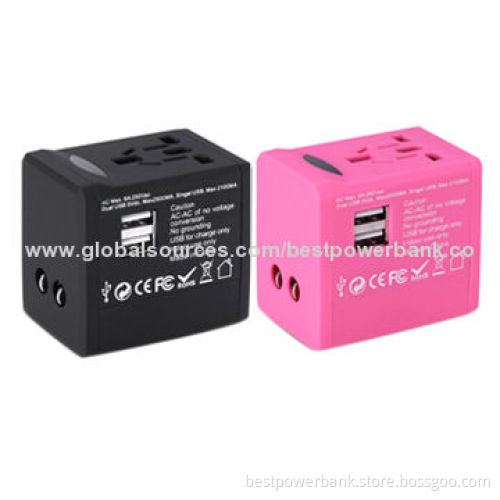 Dual-USB 2.5A Emergency Travel Adapters, UK, US, AU, EU Multi-plug with CE, RoHS, FCC Marks